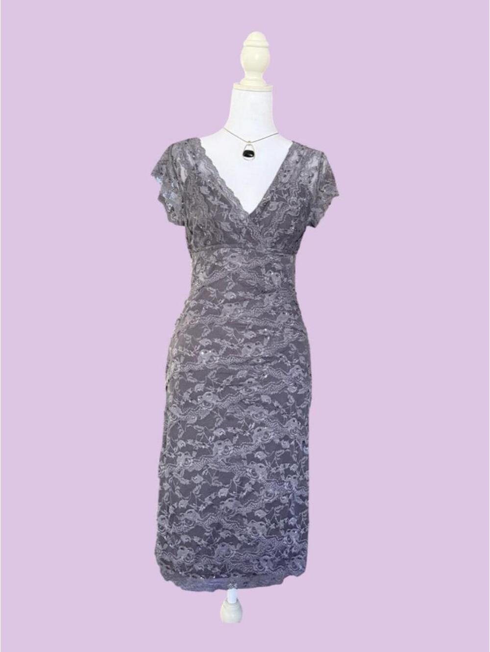 Vintage marina grey lace midi dress with sequin details